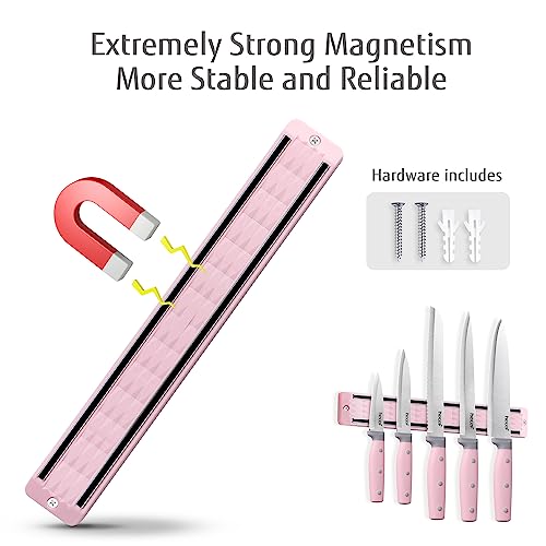 hecef 5 Pieces Kitchen Knives with Magnet Knives Organizers (33 cm), Professional Stainless Steel Kitchen Knives Set with Magnetic Bar Knives (Pink)