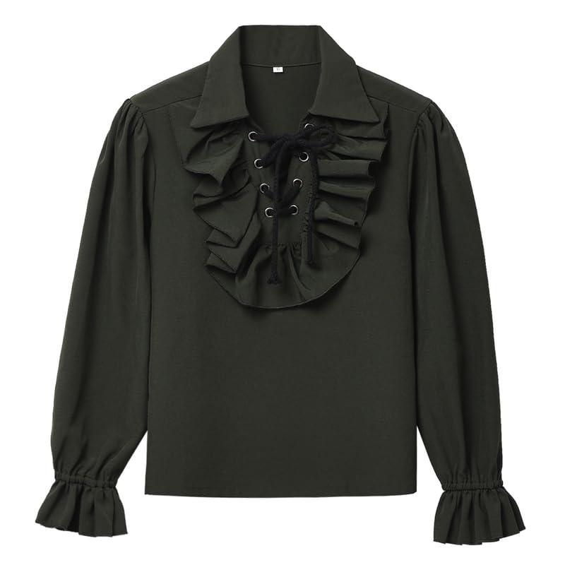 GRACEART Boy's Medieval Pirate Shirt Renaissance Costume Colonial Cosplay Ruffle Shirt Lapel Collar Lace Up Tops Kids Blouse Dark Green
