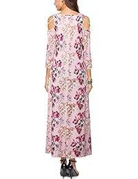 EMVANV Vestido largo floral de cuello redondo para mujer con vestido de hombro frío con manga 3 4 de bolsillo