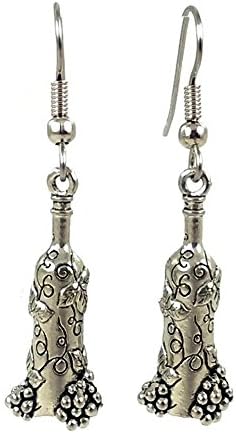 Surgical Steel Dangle Earrings Wine Bottle and Grapes Silver Tone