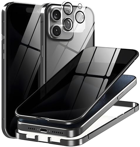 Privacy Magnetic Case for iPhone 15 Pro Max with Titanium Frame [Built-in Privacy Screen Protector & Camera Lens Protector] Anti Peep Magnetic Adsorption Double Side 9H Glass Case for iPhone 15 ProMax