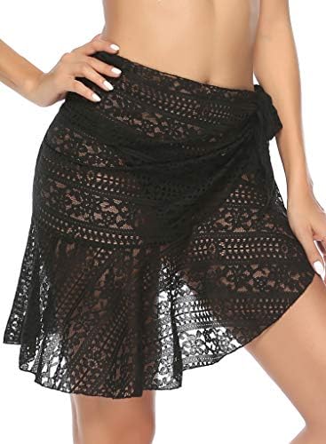 FanShou Womens Soft Crochet Wrap Short Sarong Lace Beach Cover up Swimwear Ruffle Pareo Canga Swimsuit Wrap