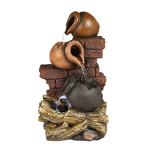 PeterIvan Indoor Waterfall Fountain - 10 4/5” H 3 Jars Tabletop Fountain, Woodland Tree Trunk Relaxation Waterfall Fountain with LED Light and Free Submersible Pump