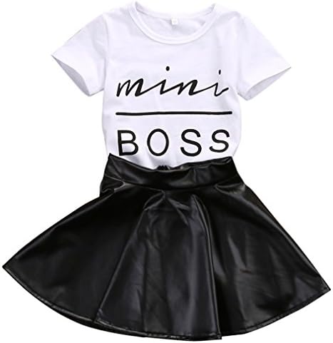 Yortyo 2PCS Toddler Kids Girl Clothes Set Mini Boss T-Shirt Tops + Leather Skirt Outfit