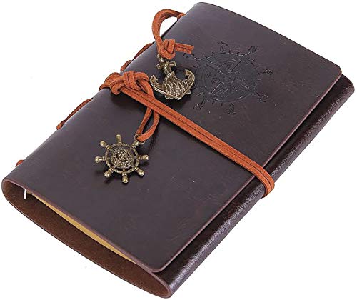 Leather Writing Journal Notebook, Classic Embossed Vintage Nautical Spiral Blank String Refillable Diary Notepad Sketchbook Travel to Write in, Unlined Paper, Retro Pendants (7.3” x5”, Coffee)