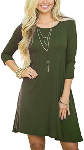 LOUQIS Women's 3/4 Sleeve Pockets Casual Swing Dress (XXL, Army Green)