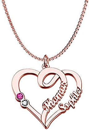 Customied Personalized Name Necklace Couples Name Necklace Pendant With Birthstones(18k rose-gold-plated-base 14"(35cm)-Child)