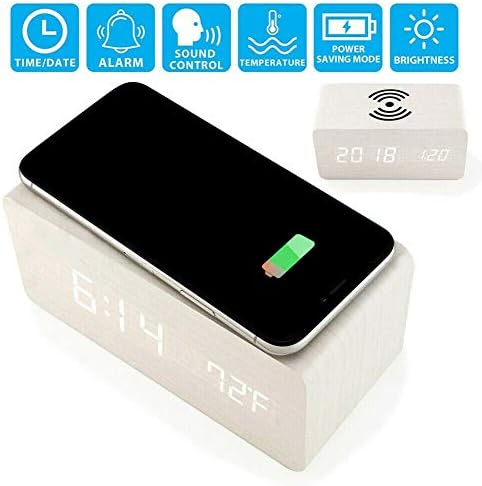 Wooden Alarm Clock with Qi Wireless Charging Pad Compatible for iPhone Samsung Wood LED Digital Clock Sound Control Function, Time Date, Temperature Display for Bedroom Office Home