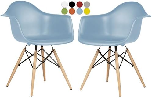 Eames Style Chair by La Valley - Set Of 2 - Mid Century Modern Eames Molded Armchair with Dowel Wood Eiffel Legs - for Dining Room, Kitchen, Bedroom, Lounge - Easy-Assemble &amp; Clean - Baby Blue
