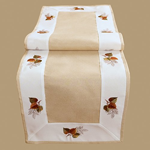 Table Runner 40 x 140 cm "Embroidery Leaves" Beige Colourful Tablecloth Autumn Table Decoration Autumn Decoration Autumn