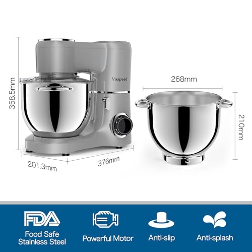 Vospeed Stand Mixer 8L Cake Mixer Electric Kitchen Food Mixer with Stainless Steel Bowl, Beater, Dough Hook, Whisk for Baking, Dishwasher Safe (Grey)