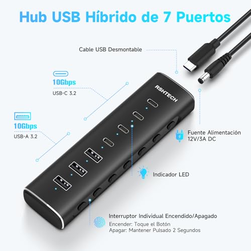 RSHTECH USB 3.2/USB-C Powered 7-Port 10Gbps Hub with 4 USB-C 3.2 Ports and 3 USB-A 3.2 Ports, 3.3 Foot Cable and 36W Adapter (12V/3A), Aluminum USB Hub for Laptop, RSH-H7C4