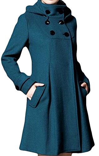 Jaycargogo Women's Winter Double-breasted Wool Hooded Pea Coat Blue XXL