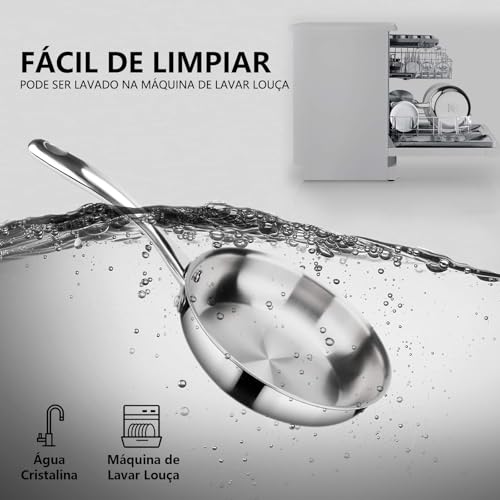 Frigideira Inox, Frigideira Aço Inox Professional Rasa com Fundo Triplo e Cabo, 21.6 cm 1,5 L, Sem Revestimento de Teflon, Compatível com Indução, Gás, Elétrico e Vitrocerâmico, Fácil Limpeza