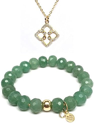 Set 10mm Green Amazonite London 7" Stretch Bracelet 17mm Clover CZ Charm 16" gold Necklace