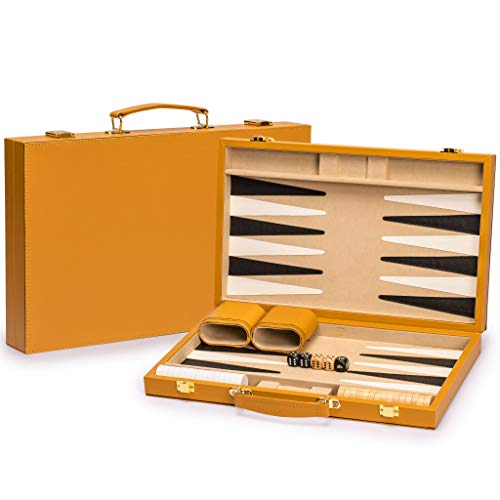 Yellow Mountain Imports Leatherette Backgammon Game Set, Konya - 15 Inches - Wooden Checkers and Accessories