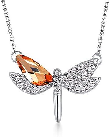 The Starry Night Orange Austrian Crystal Flying Dragonfly Pendant Diamond Accented Silver Lady Necklace