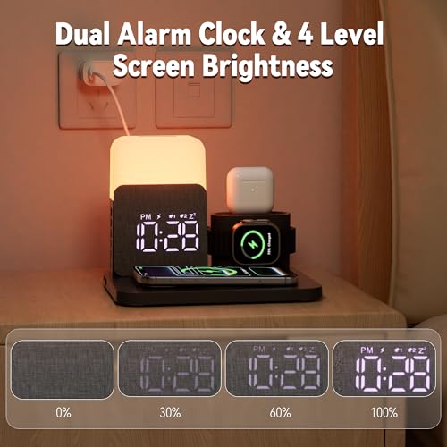 5 en 1 Station de Charge pour A-pple Reveil Chargeur Induction pour i Phone 17-11 pour air-pods A-pple Watch Chargeur sans Fil avec Lampe pour la Chambre à Coucher Adaptateur Inclus