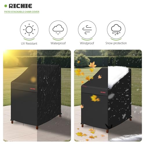 RICHIE - Funda apilable para silla de patio, 600D, resistente al agua, cubierta de respaldo alto para 4-6 sillas de comedor apilables, fundas de muebles de patio resistentes a los rayos UV, 27