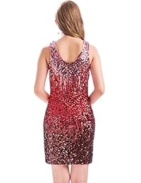 MANER - Vestido corto de fiesta con lentejuelas y cuello en V para mujer