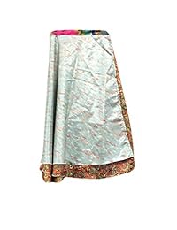 Womens Reversible Wrap Beach Grey Printed Two Layer Reversible Silk Sari Long Skirt
