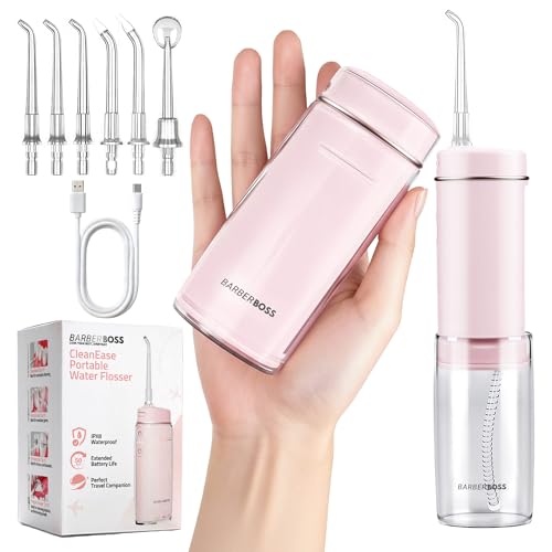 BarberBoss Travel Oral Irrigator, USB-C Rechargeable Water Flosser, Cordless Portable Irrigator with 3 Cleaning Modes, 6 Tips, IPX8 Telescopic Water Tank Flosser, QR-7113 (Pink)