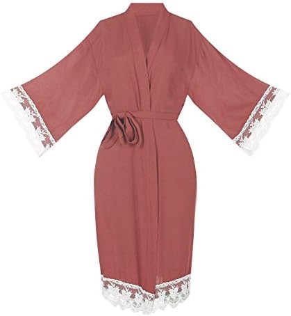 ellenwell Women's Cotton Knit Kimono Robe for Bride and Bridesmaid with Lace Trim Nightwear