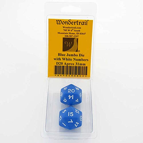 Blue Jumbo Dice with White Numbers D20 31mm Pack of 2 Wondertrail