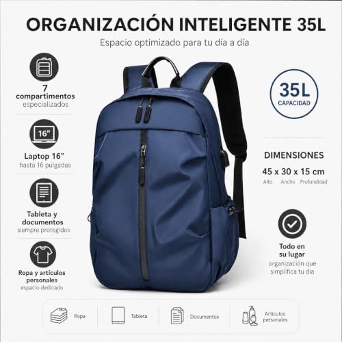 Mochila Impermeable 35L para Hombre con Puerto USB y Compartimento para Laptop 16", Ligera y Ajustable para Viaje | Múltiples Bolsillos, Ideal para Trabajo, Universidad y Uso Diario