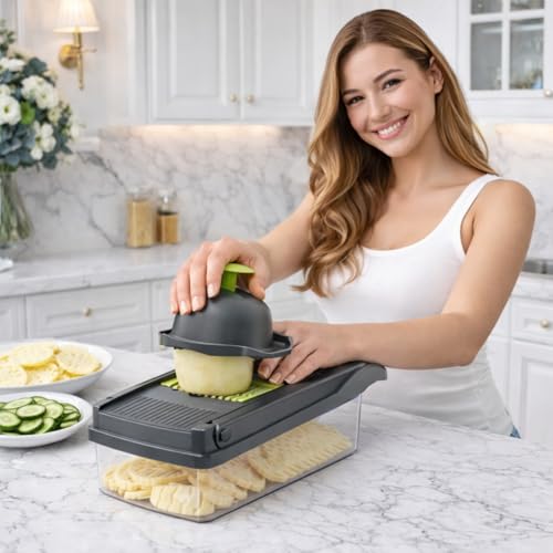 Ralador Multifuncional 16 em 1 Mandoline Profissional Cortador Fatiador de Legumes em Aço Inox com Recipiente Praticidade e Economia de Tempo na Cozinha