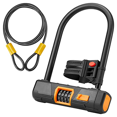 KEMIMOTO 自転車 U字ロック ダイヤル式 1.8M ケーブル付き 4桁 ダイヤルロック Uロック ケーブルロック バイクロック ワイヤーロック チェーンロック 地球ロック 自転車ロック バイク ロック 暗証番号 変更可能 盗難防止 鍵なし 自転車 電動自転車 バイク オートバイ スクーター ドア用 ロック [ブラック]