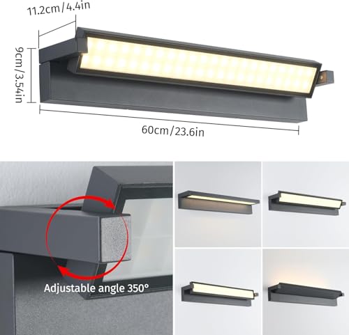 52W LED Wall Sconce, Interior and Exterior Wall Sconce, 3000K Outdoor Lighting with 350° Rotating Panel, Outdoor Wall Light with IP65 Waterproof Protection, Garden and Terrace, Dark Grey