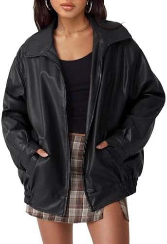FSVABY Womens Oversized Faux Leather Motocycle Black Jacket Zip Up