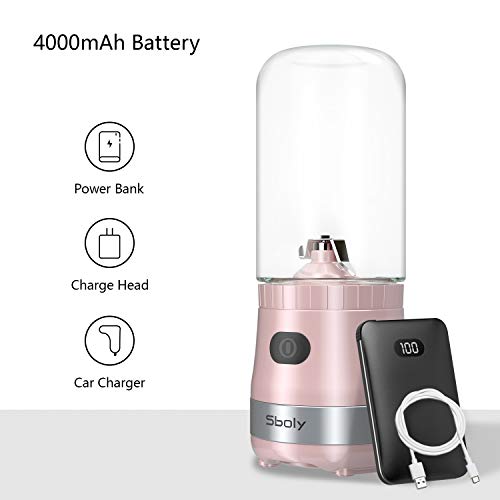 Mini Mélangeur Portable USB Rechargeable avec 2 Bouteilles Tritan Sans BPA, Mélangeur Personnel pour Smoothies et Milk Shakes, Petit Mélangeur de Jus pour le Bureau et les Voyages par Sboly (Rose)