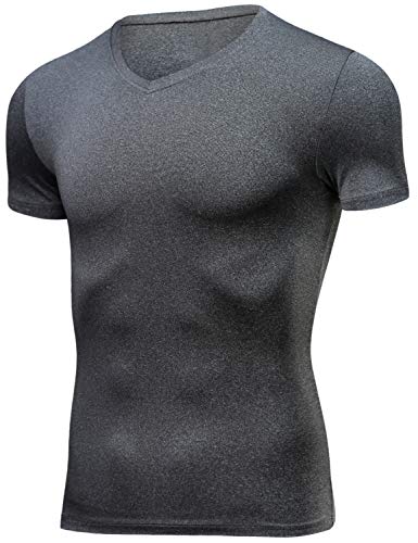 Lavento Men's Compression Shirts Cool Dry Short-Sleeve Workout Undershirts (3 Pack-V Neck Black/Dark Gray/Navy Blue,2X-Large) - Thumbnail 3