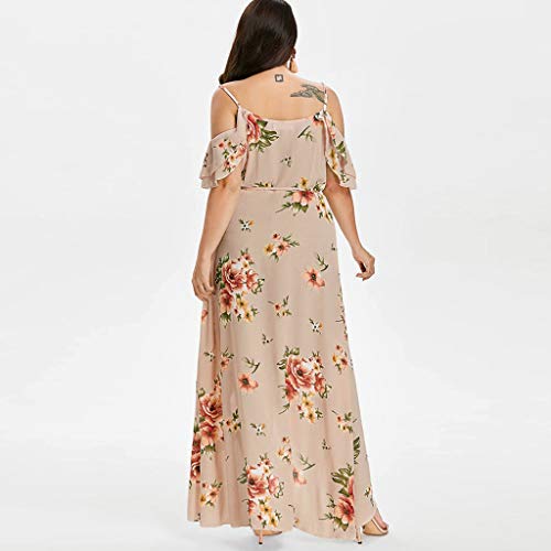 Women's Floral Maxi Dresses Boho Split Short Sleeve Cold Shoulder Flower Print Beach Party Dress (Beige -1, 2XL)