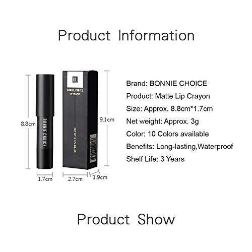 BONNIE CHOICE 10 Colors Moisturizing Matte Lip Pencil Crayon, Velvet Lipstick Waterproof Long Lasting Makeup Cosmetic Hot Red Lip Liner