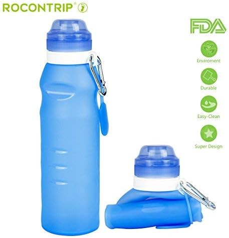 ROCONTRIP Collapsible Water Bottle, Silicone Travel Camping Sport Water Bottle Foldable Leakproof 600ml 100% Food Grade BPA Free for Outdoor Sports, Camping, Hiking, Gym