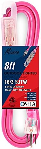 Miusco 8 ft 16 Gauge Flag Plug Outdoor Extension Cord, 3 Prong, 16/3 SJTW with Lighted Plug and Hook, Fluorescent Pink