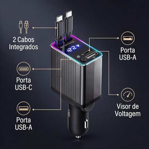 Carregador Veicular Premium Retrátil 4 em 1 | Carregamento Turbo 120W com Cabos Integrados | USB e USB-C | Tela LED Digital | Compatível com Android e iPhone | 12V/24V