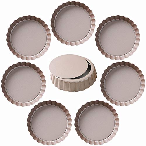 Bakerdream Round Non-stick Tart Pan Quiche Pan with Removable Bottom Mini Tart Pan Pie Pan with Loose Bottom, 3.5 Inch (Pack of 8)