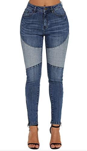 Women's Denim Blue Biker Moto Skinny Fit High Waist Stretch Jeans with Zipper