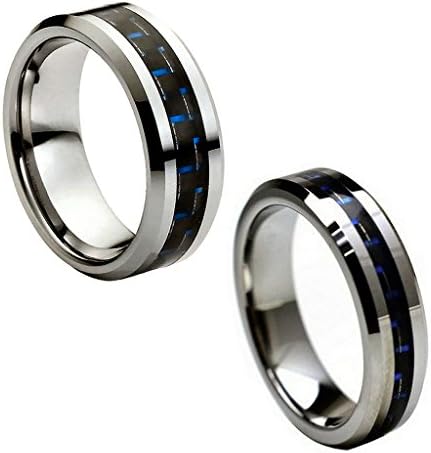 Wedding Band Ring Set For Him &amp; Her - 8MM/6MM Tungsten Carbide Beveled with Black &amp; Blue Carbon Fiber Inlay
