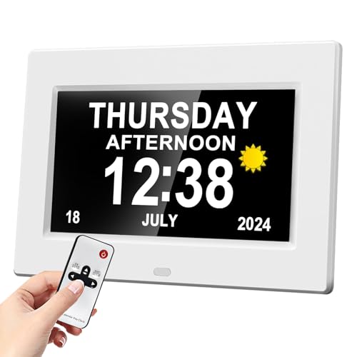 Youyu 7" Dementia Clock for Dementia Sufferers, Digital Calendar & Digital Alarm Clock for Elderly, Dementia Clocks with Days Dates and Time of Day, Remote & HD Picture Frame, White