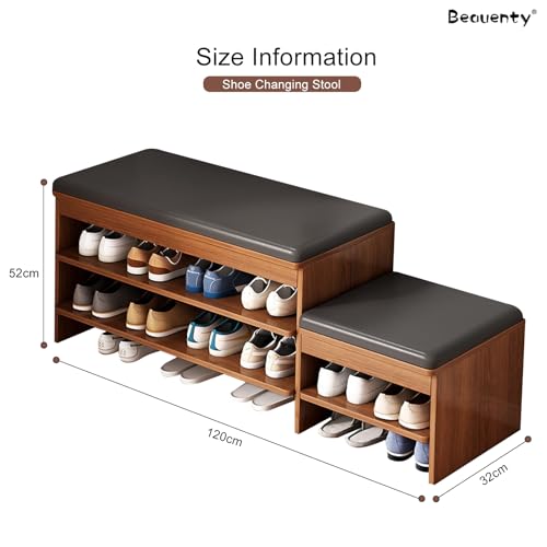 Beauenty Shoe Bench, 80/100/120cm Wooden Shoe Rack with Bench Pu Leather Cushion, Detachable Shoe Changing Bench for Entryway, Hallway, Living Room (120cm A+B)
