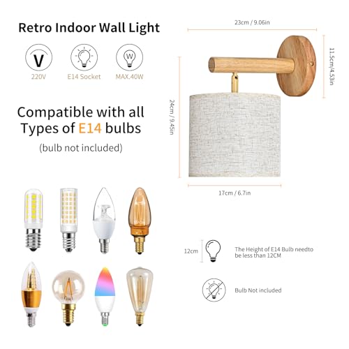 Gleonlux Vintage Interior Wall Light, Industrial Wood Wall Light E14, Retro Wall Lamp Fabric Lampshade, Sconces for Bedroom, Hallway, Living Room, Stairs, Bulb Not Included, Linen