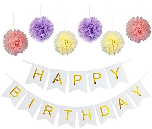 PowerM Pastels Pink White Gold Happy Birthday Bunting Banner with Set of 6 Assorted Colored Pink, Purple, Cream Tissue Paper Pom Poms Paper Balls for Birthday Party Decoration (White)
