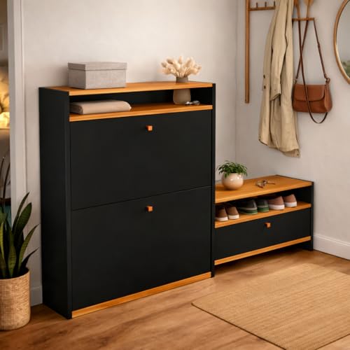 Sapateira Diamante 3 Portas Basculante Puxador Resistente Polipropileno 18 Pares Calçados 2 Nichos Organizador Decoração Moderna Quarto Sala Hall Entrada Closet (Preto/Nature)