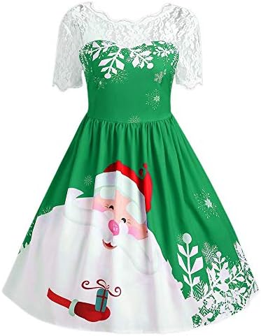POPLY 2018 Sale Women Dresses,Women's Vintage Lace Short Sleeve Print Christmas Party Swing O-Neck Dress Vintage Gown Party Dress,Plus Size 8-16