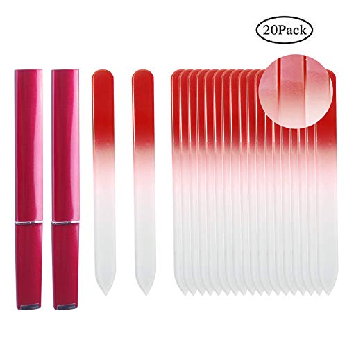 Siusio Set of 20 Crystal Glass Nail File with 2 Case Professional Buffer Manicure Gradient Finger Nail Care Double Side Genuine Czech Glass Nail Polishing Rainbow Colors - Red